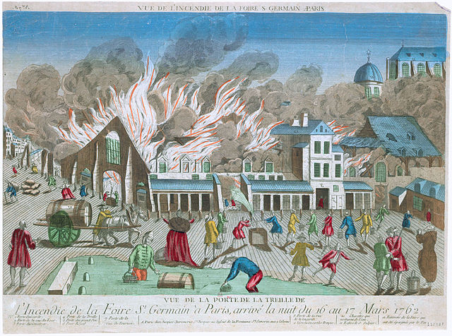 A fire which destroyed the Foire Saint-Germain on the night of 16/17 March 1762
