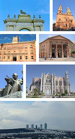 From top to bottom from left to right: Arco de la Calzada, Metropolitan Cathedral of León, Municipal House, Manuel Doblado Theater, Monument to Footwear, Expiatory Temple and Metropolitan View of León
