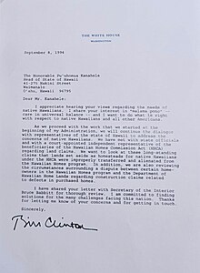 Lettre du Président Bille Clinton reconnaissant les droits du peuple autochtone Hawaiien