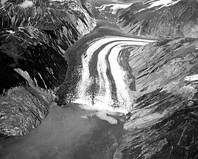 Letecký pohled na koncovou část ledovce Lituya v roce 1958 po vlně tsunami, která zasáhla záliv Lituya.