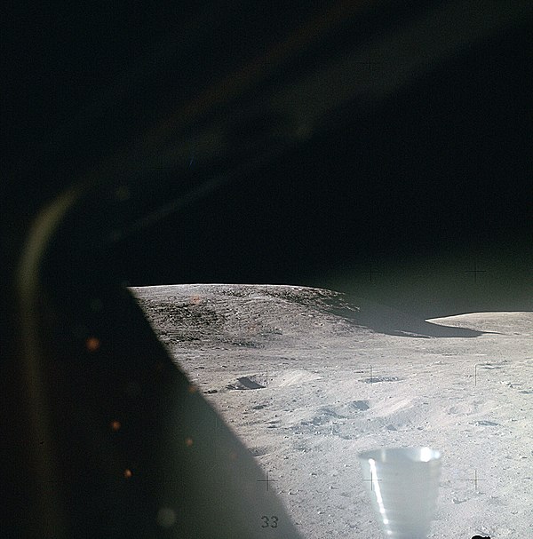 The lunar surface through the Apollo 16 Lunar Module window shortly after landing