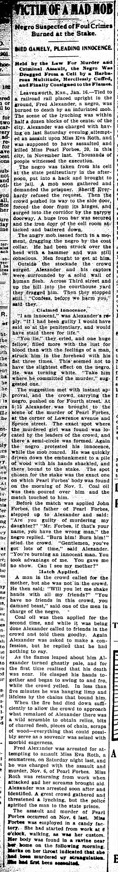 Thumbnail for File:Lynching of Fred Alexander in Leavenworth, Kansas in the Coshocton Daily Age of Coshocton, Ohio on 16 January 1901.jpg