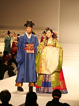 Male and female wedding hanbok at a fashion show