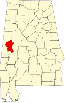 Location of Greene County in Alabama Map of Alabama highlighting Greene County.svg