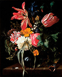 Maria van Oosterwijk, Nature morte au vase de tulipes, roses et autres fleurs avec insectes (1669)