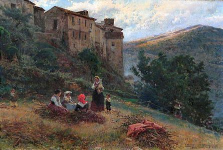 Landscape with peasants in Anticoli Corrado label QS:Len,"Landscape with peasants in Anticoli Corrado" 1903