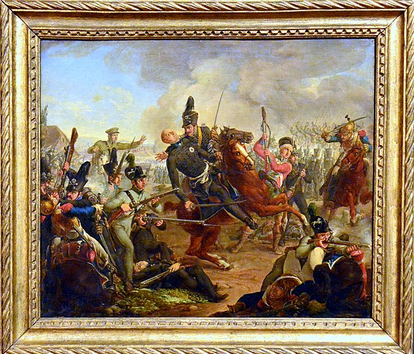 Tod des Schwarzen Herzogs (German: "Death of the Black Duke") at the Battle of Quatre Bras on 16 June 1815. An 1835 painting by Friedrich Matthäi now 