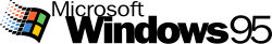 Schriftzug „Windows (R)“ (Fettdruck) mit Zusatz „95“ (Normaldruck ohne Zeichenabstand), über den ersten Windows-Buchstaben der Schriftzug „Microsoft (R)“