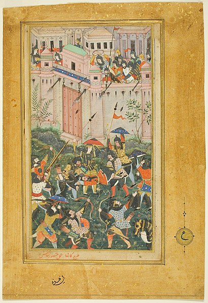 File:Mughal - Kichik Beg Wounded during Babur's Attack on Qalat, page from a copy of the Baburnama (Book of Babur) - 1995.242 - Art Institute of Chicago.jpg