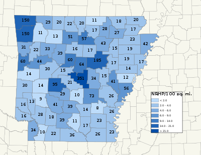 Map of Arkansas counties showing density of National Register listings NRHP Arkansas Map.svg