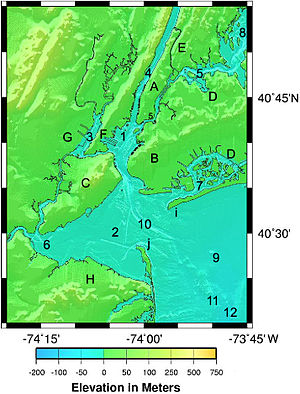 1. Upper New York Bay
2. Lower New York Bay
3. Newark Bay 
4. Hudson River 
5. East River 
6. Raritan Bay
7. Jamaica Bay 
8. Long Island Sound
9. New York Bight-North Atlantic 
10. Ambrose Channel
11. Mud Dump Site[13]
12. Hudson Canyon
A. Manhattan
B. Brooklyn
C. Staten Island
D. Queens
E. The Bronx
F. Bayonne-Jersey City
G. Newark
H. Raritan Bayshore 
i. Rockaway Point
j. Sandy Hook
(This is  not for navigation.)