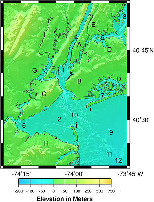 1. Upper New York Bay 2. Lower New York Bay 3. Newark Bay 4. Hudson River 5. East River 6. Raritan Bay 7. Jamaica Bay 8. Long Island Sound 9. New York