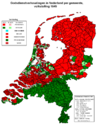 Godsdiensten (1849; rood = protestants, groen = katholiek)