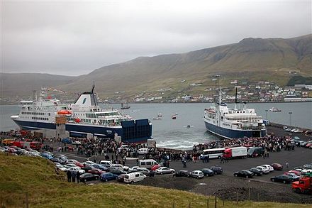 The new ferry MS Smyril enters the Faroe Islands at Krambatangi ferry port in Suðuroy, 2005.