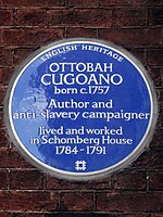 OTTOBAH CUGOANO, роден около 1775 г. Автор и борец за борба с робството е живял и работил в къща Schomberg 1785-1791.jpg