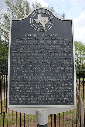 Texas Historical Marker at the Oakwood Cemetery. Oakwood Cemetery, Jefferson, Texas Historical Marker (7162237669).jpg