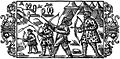 The woodcut shows four Laps of different ages practising archery. Behind them their tents. The 3rd person from the left wears a bear skin with the bear’s head as a hood. Some birds are flying in the sky.