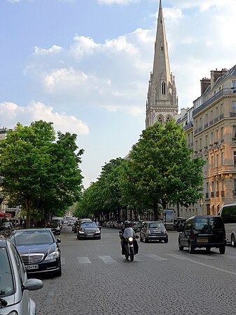 Avenue George V with the American Cathedral in Paris in the background
