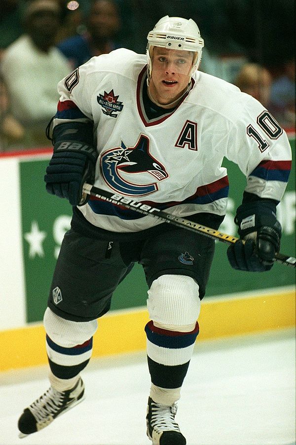 Pavel Bure in 1997 donning an alternate captain's crest for the Vancouver Canucks. He served as an alternate captain with the team between 1995 and 19