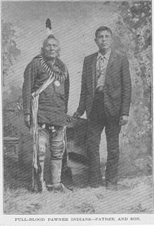 Kitkahaki George and his son Taloowayahwho, also known as William Pollock, in the mid 1890s. Pawnee father and son 1912.jpg