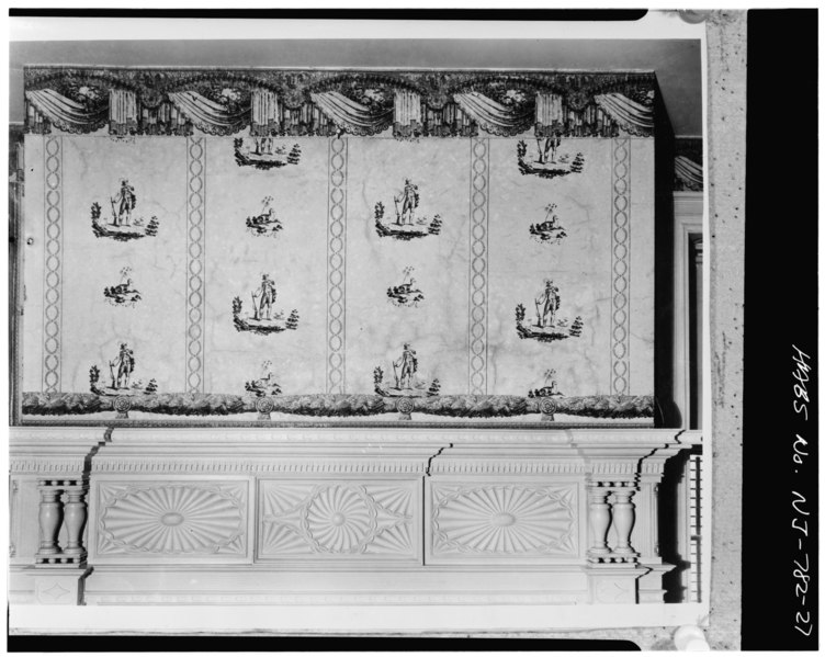 File:Photocopy of historical photograph SECOND FLOOR, BEDROOM, FIREPLACE MANTEL, DETAIL OF MANTELPIECE AND WALLPAPERED OVERMANTEL (COMPARE WITH PHOTOGRAPH NJ-782-16) - Henry Miller HABS NJ,10-OLWI,10-27.tif