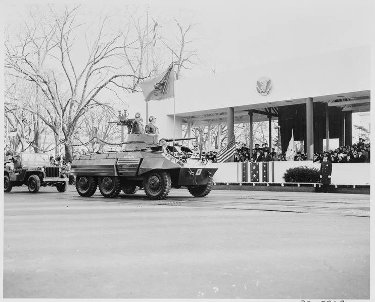 File:Photograph of President Truman and Vice President Barkley on the reviewing stand during the Inaugural parade, holding... - NARA - 200064.tif