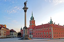 Royal Castle in Warsaw was the formal residence of Polish kings after the capital was moved from Krakow in 1596 Poland-00808 - Castle Square (31215382745).jpg