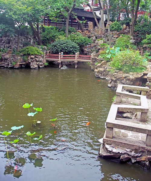 File:Pond corner with bridge at Yuyuan Gardens.jpg