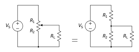 A potentiometer with a resistive load, showing equivalent fixed resistors for clarity.