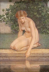 By a Clear Fountain 1907. Watercolor on ivory. 6 1/4 x 4 3/8 in.Smithsonian American Art Museum.
