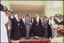 President Nixon shaking hands with King Faisal of Saudi Arabia following talks at Riasa Palace - NARA - 194585.tif