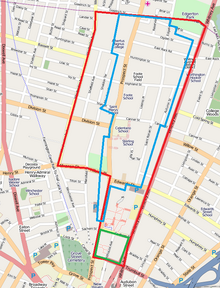 Map of Prospect Hill neighborhood. Red line is the city-defined neighborhood planning zone. Blue is the Prospect Hill Historic District. Green is the Hillhouse Avenue Historic District Prospect hill new haven.png