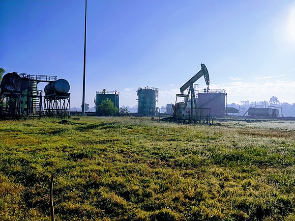 Pumpjack working in an oilfield of ONGC at Sivasagar, Assam