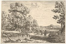 Rebecca and Eliezer taking leave of her father, Bethuel, set in a landscape, a large tree to the left MET DP832451.jpg