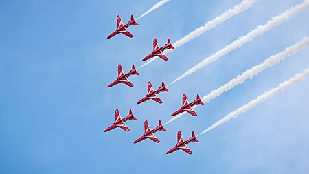 English: Red Arrows in formation flight at the Royal International Air Tattoo 2023.