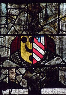 Photo of a stained glass lancet with coat of arms