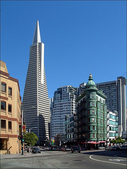 On the right, the copper-green Sentinel Building, with the Transamerica pyramid in the left background