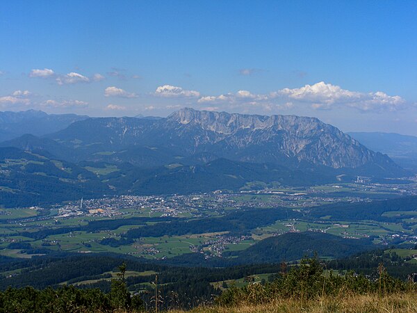Salzach valley with Hallein, view to Untersberg massif