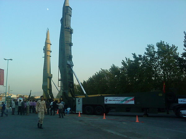 Qiam (left) and Sejjil 2 (right) ballistic missiles in a 2012 exhibition