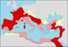 Carte de l'Empire romain en 14 avec les provinces sénatoriales et impériales de différentes couleurs (les provinces sénatoriales en rouge clair et les provinces impériales en rouge foncé).