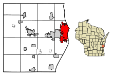 Sheboygan County Wisconsin beépített és be nem épített területek Sheboygan Highlighted.svg