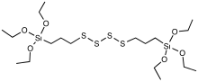 The compound bis(triethoxysilylpropyl)tetrasulfide is a cross-linking agent: the siloxy groups link to silica and the polysulfide groups vulcanize with polyolefins. Si69.svg