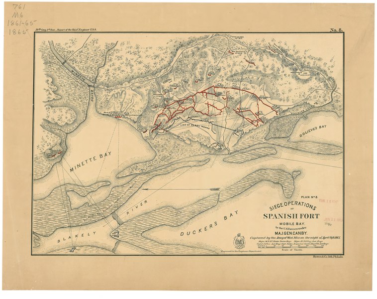 File:Siege operations at Spanish Fort, Mobile Bay, by the U.S. forces under Maj. Gen. Canby - captured by the Army of West Miss. on the night of April 8 & 9, 1865 LOC lva0000156.tif