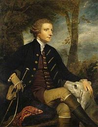 Sir Thomas Dyke Acland, 7th Baronet (1723-1785) painted in 1767 by Sir Joshua Reynolds. The bloodline of the large staghound with its head on his knee was lost when the pack was sold to Germany in 1824, and later rebuilt from foxhounds. Two identical versions exist, both owned by the National Trust, one at Saltram House, the other at Killerton House, both in Devon SirThomasDykeAcland7thBtByReynolds.jpg