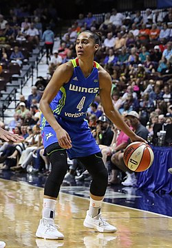 2009 Island tournament MVP, Notre Dame's Skylar Diggins, with the Dallas Wings in 2017 Skylar Diggins-Smith.jpg