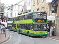 Southern Vectis 190 Chale Bay (HW52 EPK), a Volvo B7TL/Plaxton President and Southern Vectis 1150 Newtown Bay (HW09 BCU), a Scania CN270UD 4x2 EB OmniCity (built 2009), in the High Street, Ventnor, Isle of Wight both on route 3, one en route to Ryde, the other Newport.