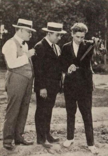 Still from the Sowing the Wind with film producers William Nicholas Selig and Louis B. Mayer and director John M. Stahl examine the film from one "tak