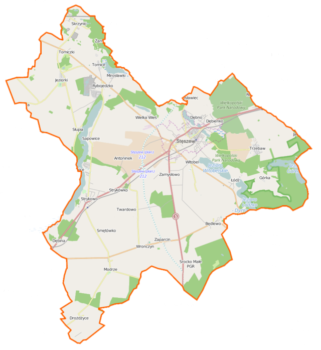 Mapa konturowa gminy Stęszew, blisko centrum na prawo znajduje się punkt z opisem „Stęszew”