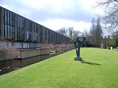 A statue by Barbara Hepworth at St Catherine's College. Built in the 1960s to the design of the Danish architect Arne Jacobsen, the college's architecture has been highly praised.