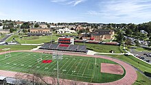 Aerial photo of the Frostburg State University stadium complex, including Bobcat stadium, baseball field, tennis courts and the Harold J. Cordts Physical Education Center.